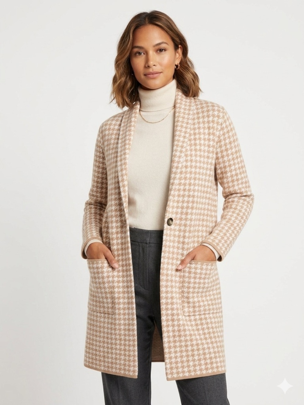 RW & CO Tan and Cream Houndstooth Coatigan